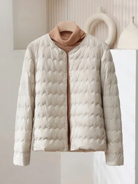 Women’s Collarless Quilted Down Jacket – Lightweight Snap Button Puffer