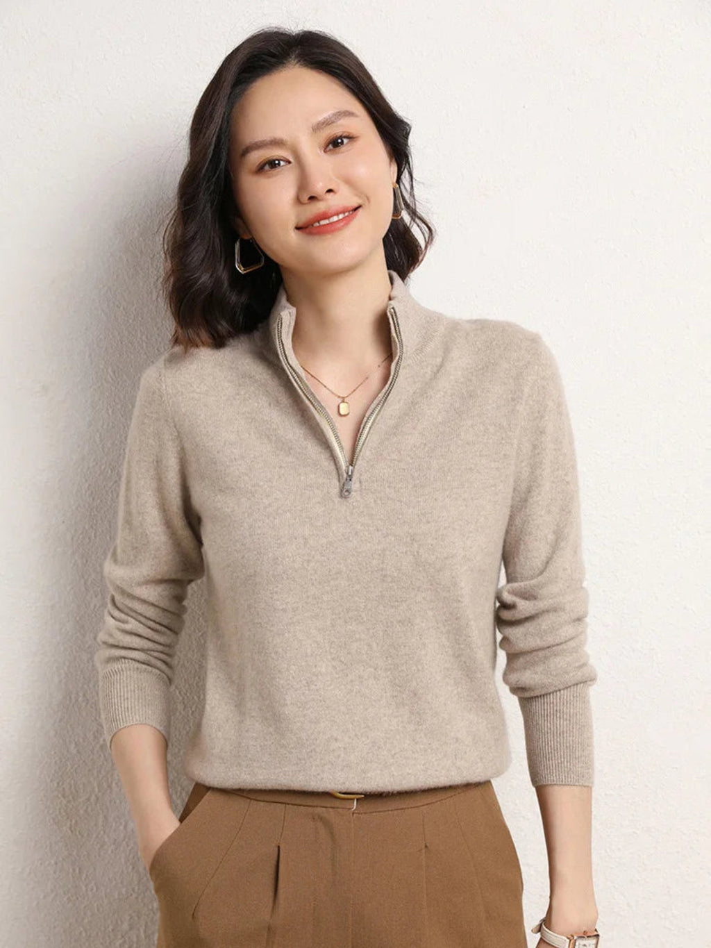 Cashmere Blend Half-Zip Jumper for Women – Soft Wool Knit Winter Layer