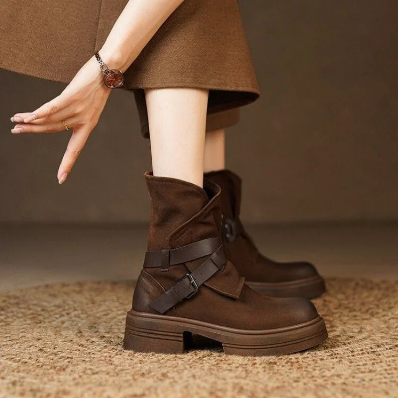 Women’s Leather Moto Ankle Boots – Buckle Strap Biker Boots with Rubber Sole