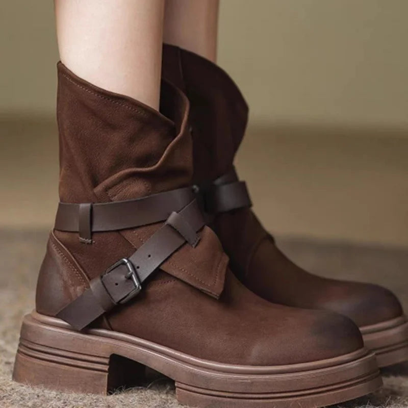Women’s Leather Moto Ankle Boots – Buckle Strap Biker Boots with Rubber Sole