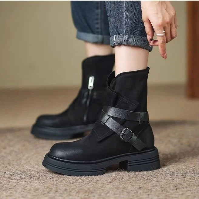 Women’s Leather Moto Ankle Boots – Buckle Strap Biker Boots with Rubber Sole