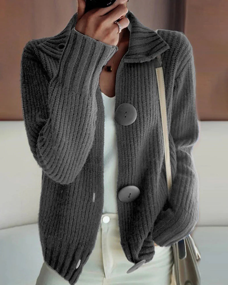 Women’s Button Collar Knit Cardigan – Relaxed Fit Ribbed Layering Top
