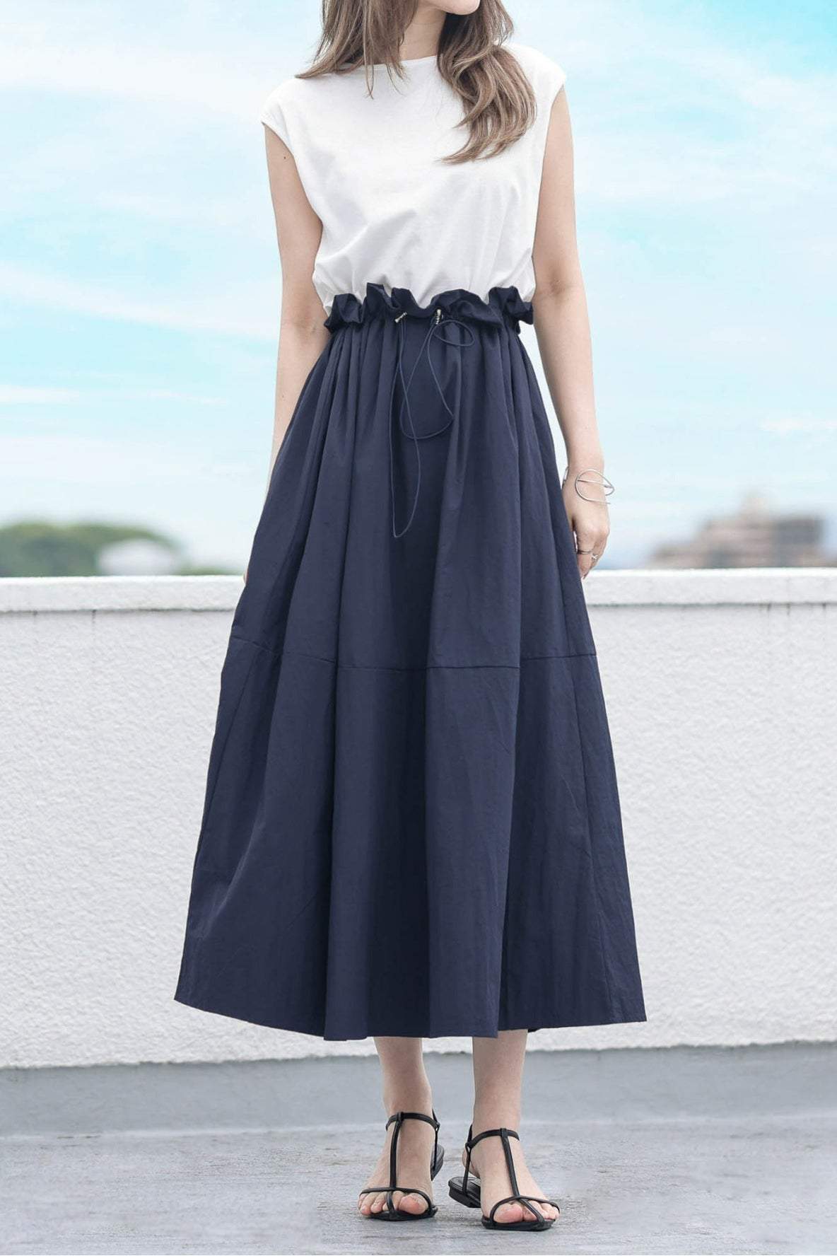 Women’s Sleeveless Maxi Dress – Cotton Top Nylon Flared Dress