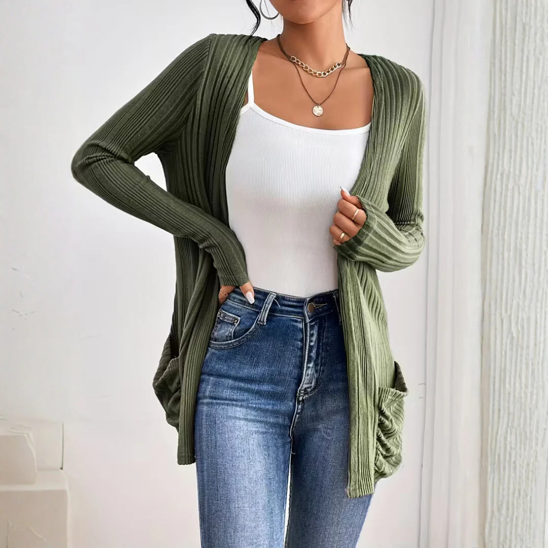 Women’s Ribbed Knit Cardigan – Open Front Relaxed Fit Layering Essential