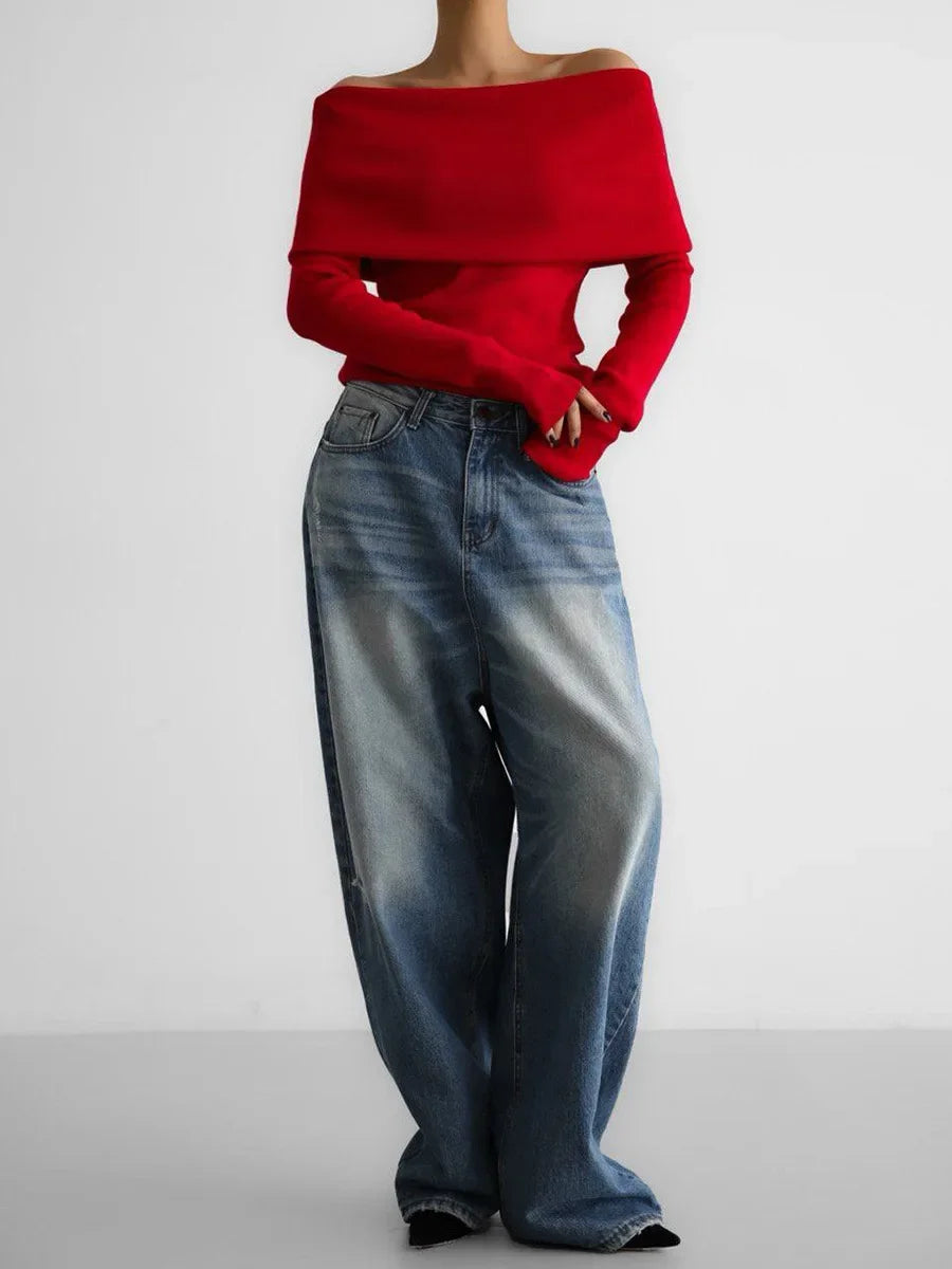 Elegant Off-Shoulder Knit Sweater – Soft, Slim Fit & Effortlessly Chic