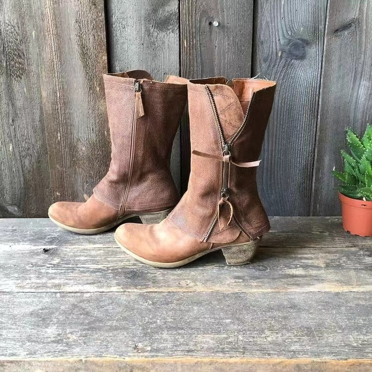 Women’s Brown Leather Mid-Calf Boots – Vintage Zip Block Heel Comfort Boots for Fall & Winter