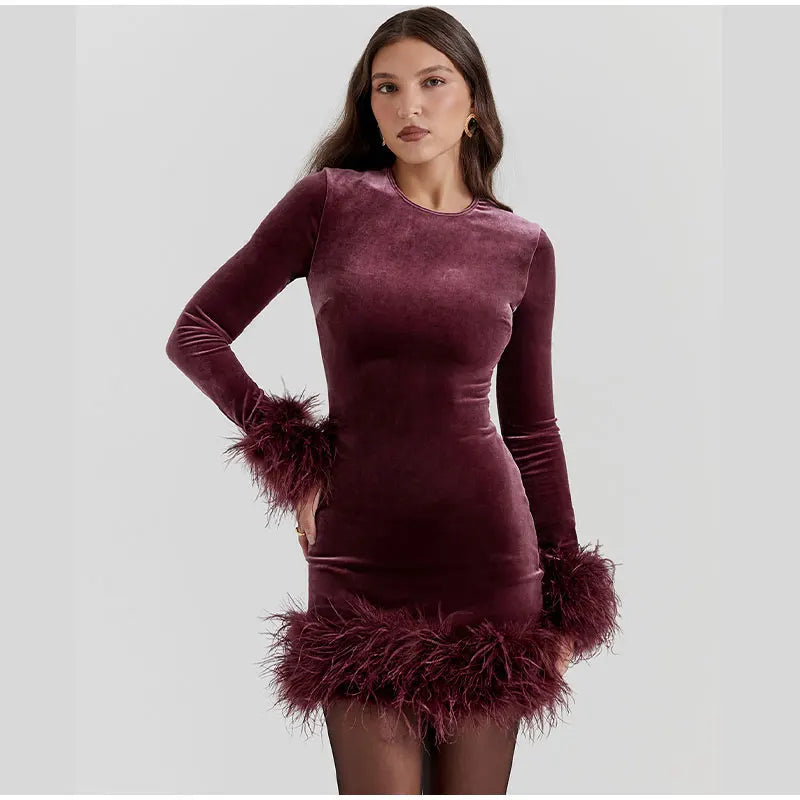 Elegant Sheath Dress with Feather-Trimmed Sleeves