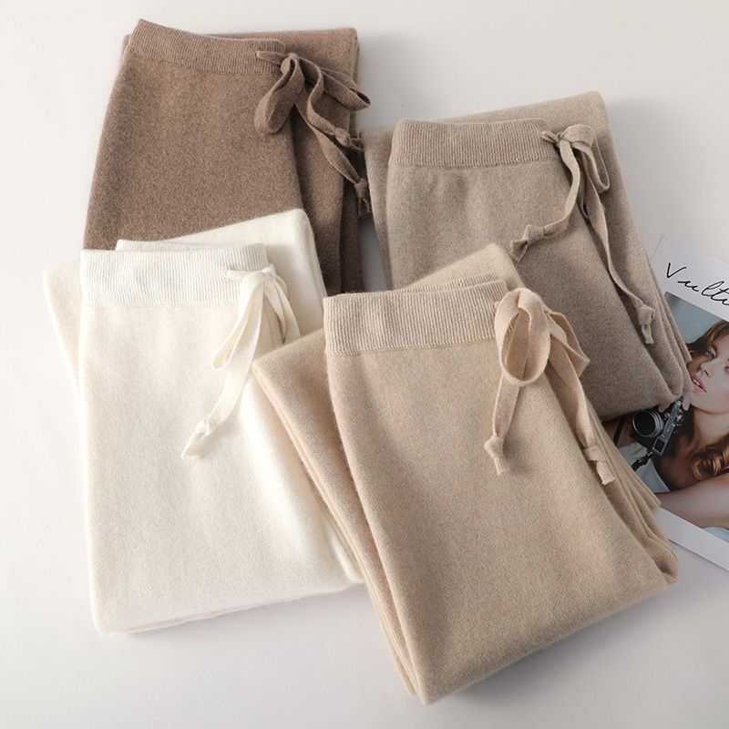 Cashmere-Look Knit Pants – Soft Wide-Leg Lounge Trousers in Taupe