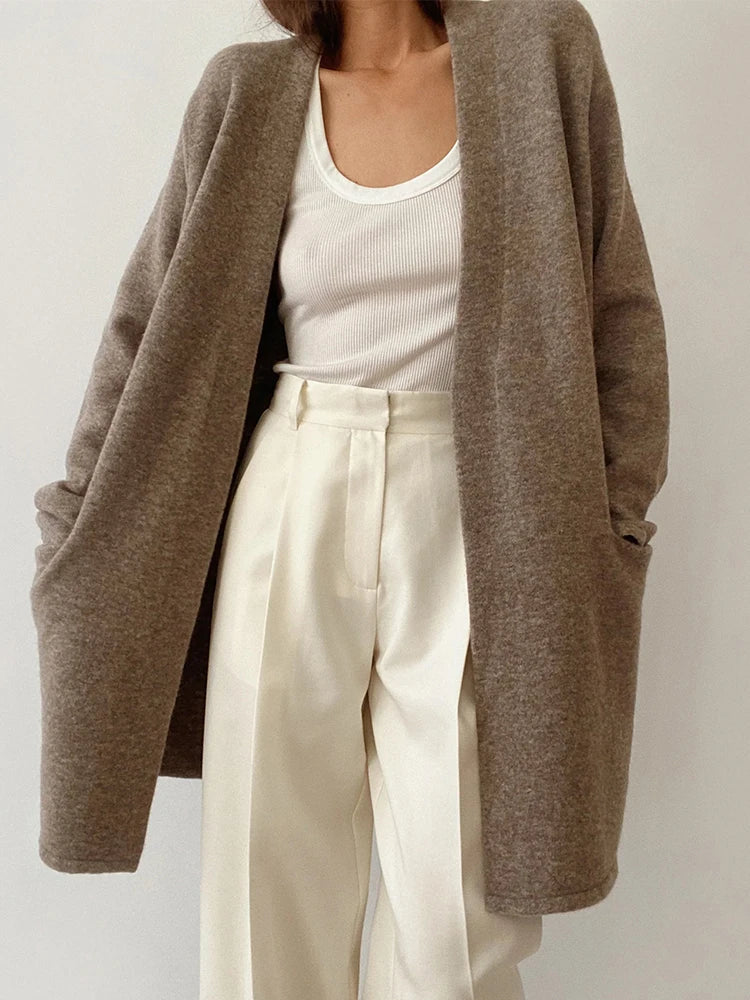 Women’s Merino Wool Cardigan – 100% Wool Open-Front Knit with Pockets