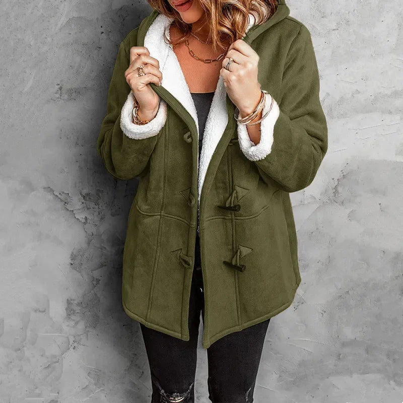 Women’s Hooded Toggle Fleece Coat – Warm Plush Lined Winter Jacket