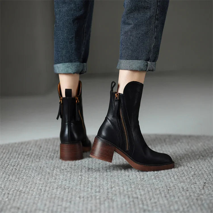 Women’s Vegan Leather Ankle Boots – Double Zip Block Heel Boots with Cushioned Insole