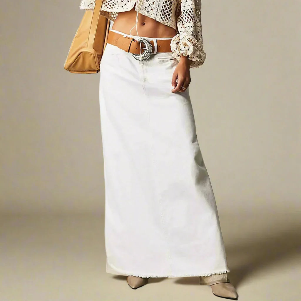 High Waist Denim Maxi Skirt – Vintage A-Line Jean Skirt for Effortless Style
