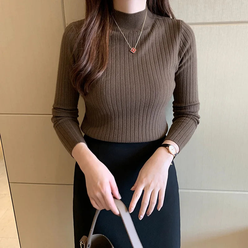 Women’s Ribbed Mid-Neck Sweater – Lightweight Stretch Knit Long Sleeve Top