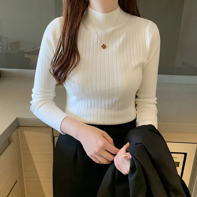 Women’s Ribbed Mid-Neck Sweater – Lightweight Stretch Knit Long Sleeve Top