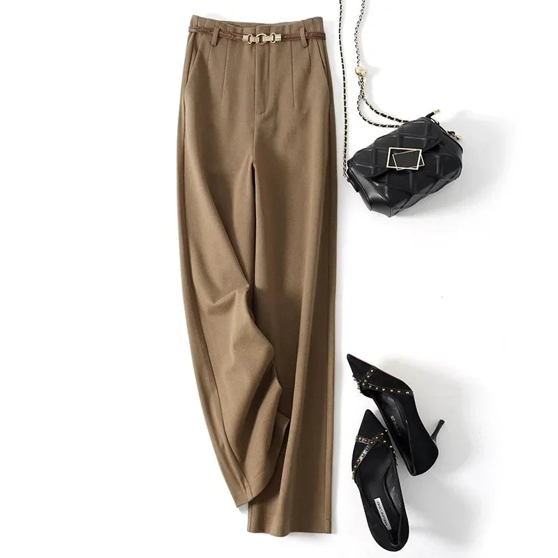 High-Waist Wide Leg Trousers for Women – Tailored Polyester Workwear with Belt