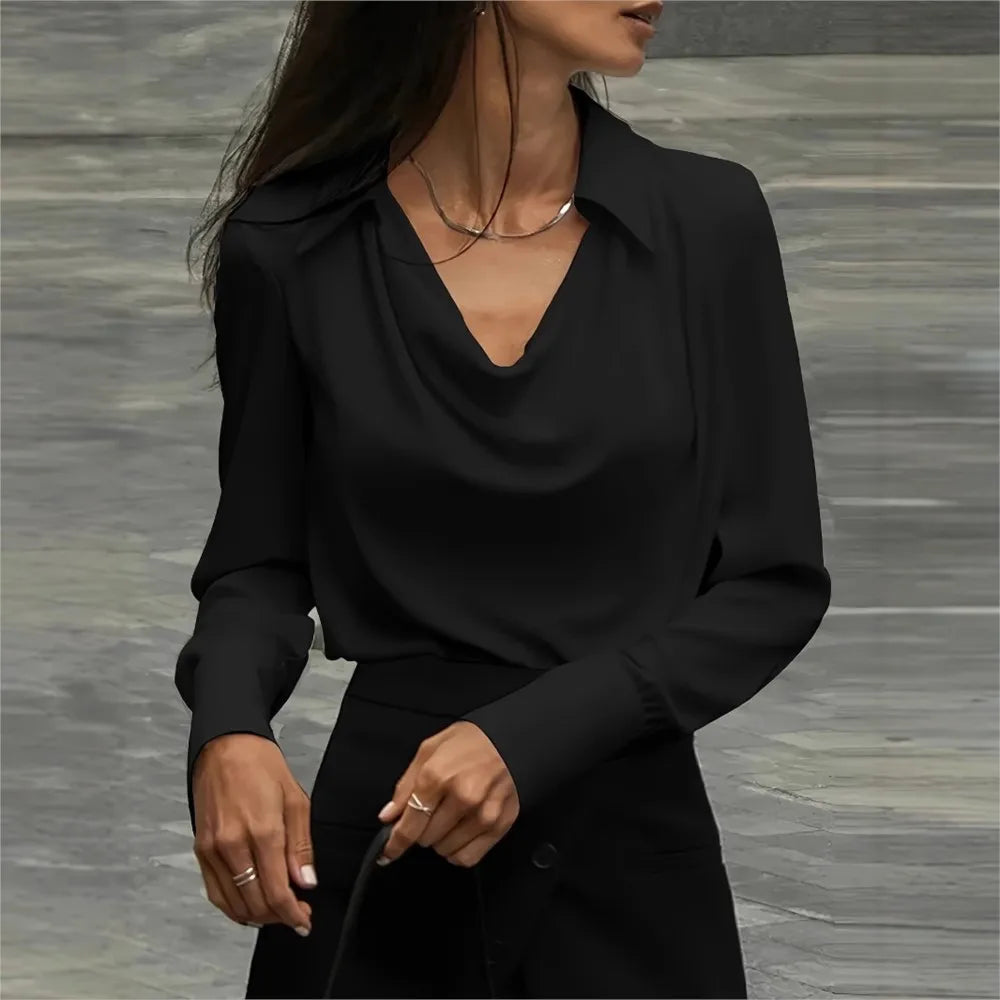 Satin Cowl Neck Blouse – Elegant Draped Long Sleeve Top