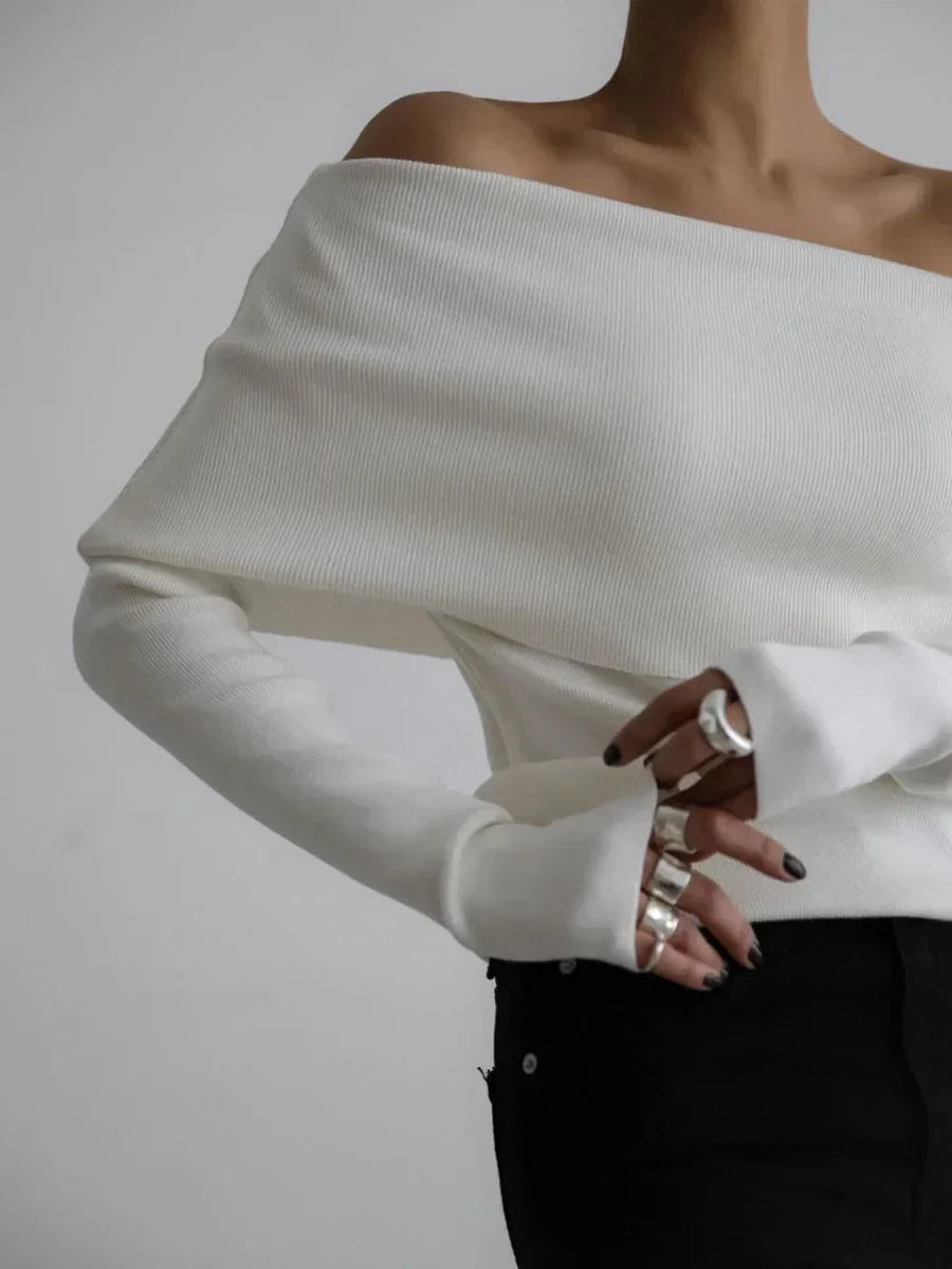 Elegant Off-Shoulder Knit Sweater – Soft, Slim Fit & Effortlessly Chic