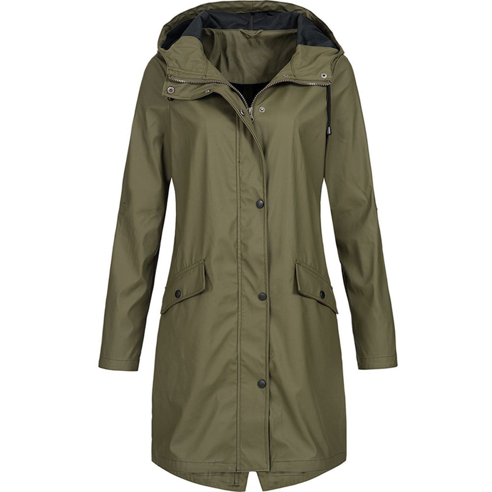 Hooded Raincoat for Women – Lightweight Knee-Length Jacket with Zip and Snap Closure for Spring and Autumn