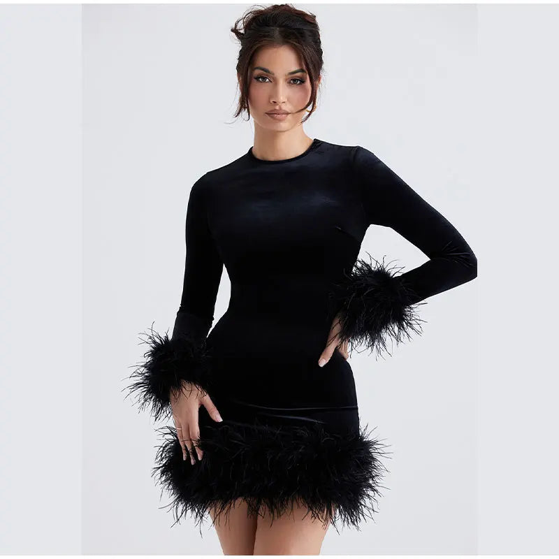 Elegant Sheath Dress with Feather-Trimmed Sleeves