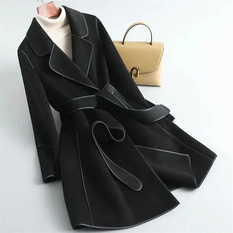 Women’s Wool Belted Coat – Elegant Tailored Wrap Overcoat for Autumn & Winter