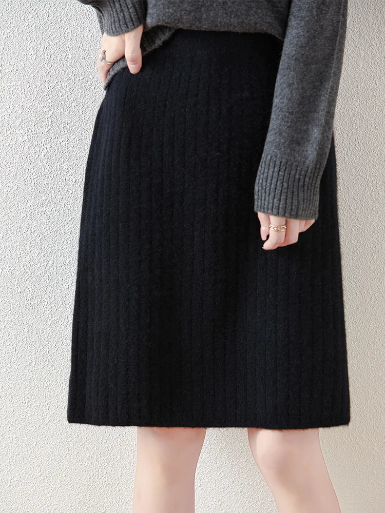 Women’s Merino Wool Ribbed Midi Skirt – Soft Knit Winter Skirt