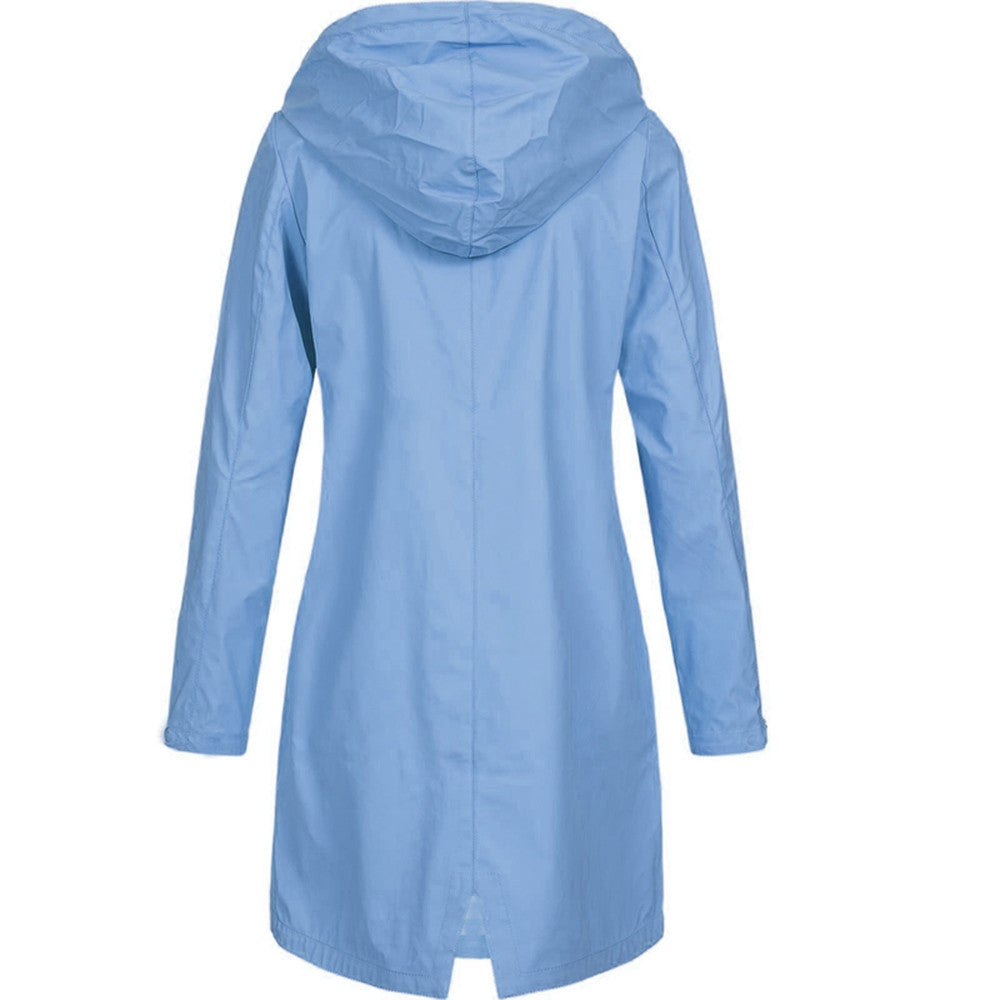 Hooded Raincoat for Women – Lightweight Knee-Length Jacket with Zip and Snap Closure for Spring and Autumn
