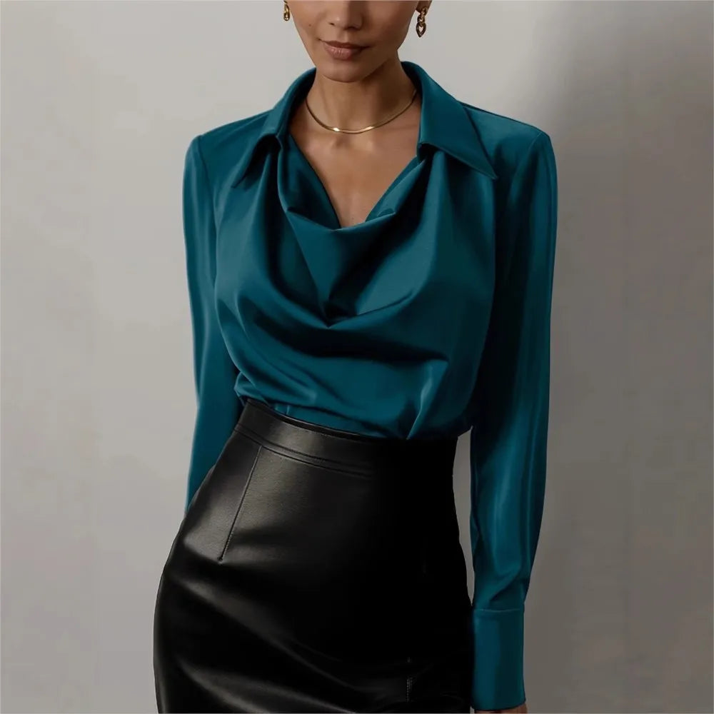 Satin Cowl Neck Blouse – Elegant Draped Long Sleeve Top