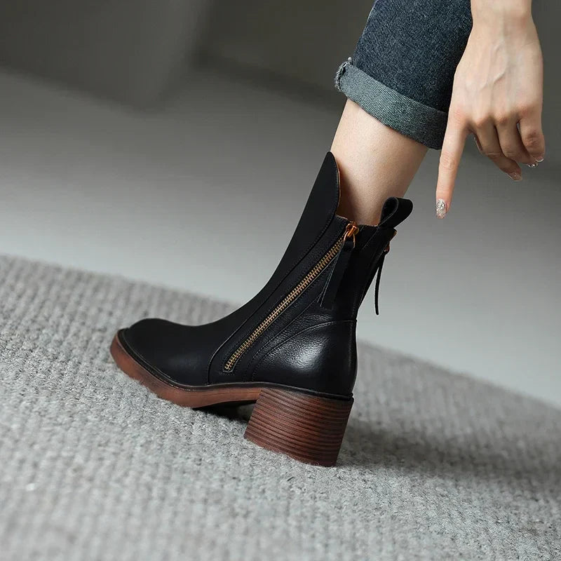 Women’s Vegan Leather Ankle Boots – Double Zip Block Heel Boots with Cushioned Insole