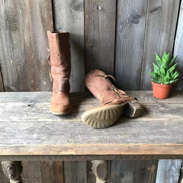 Women’s Brown Leather Mid-Calf Boots – Vintage Zip Block Heel Comfort Boots for Fall & Winter