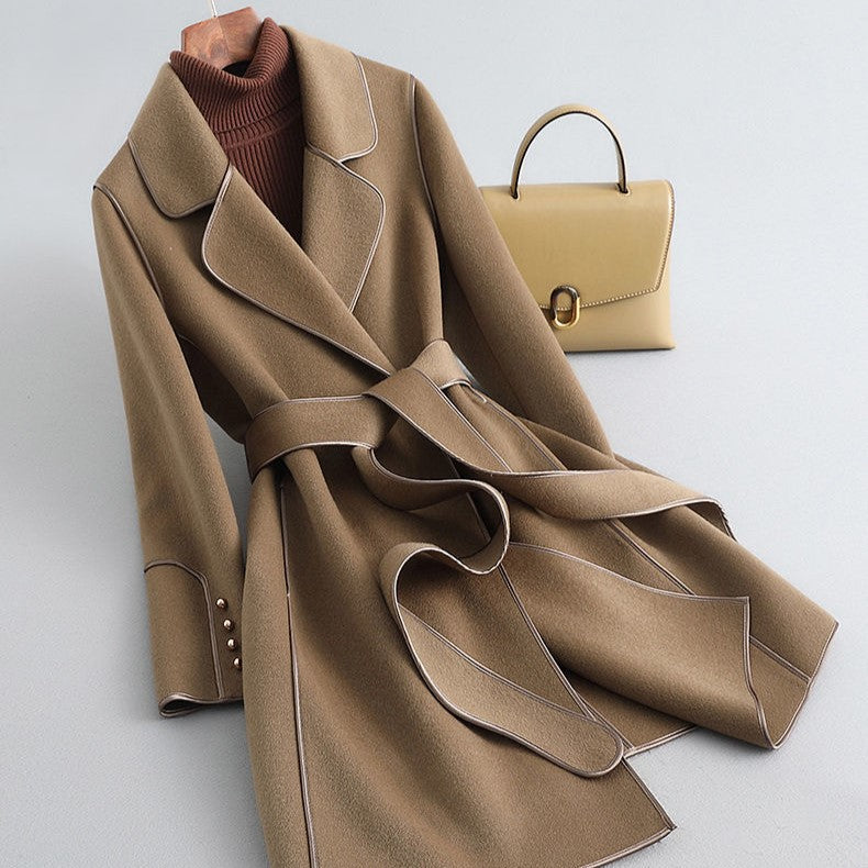 Women’s Wool Belted Coat – Elegant Tailored Wrap Overcoat for Autumn & Winter