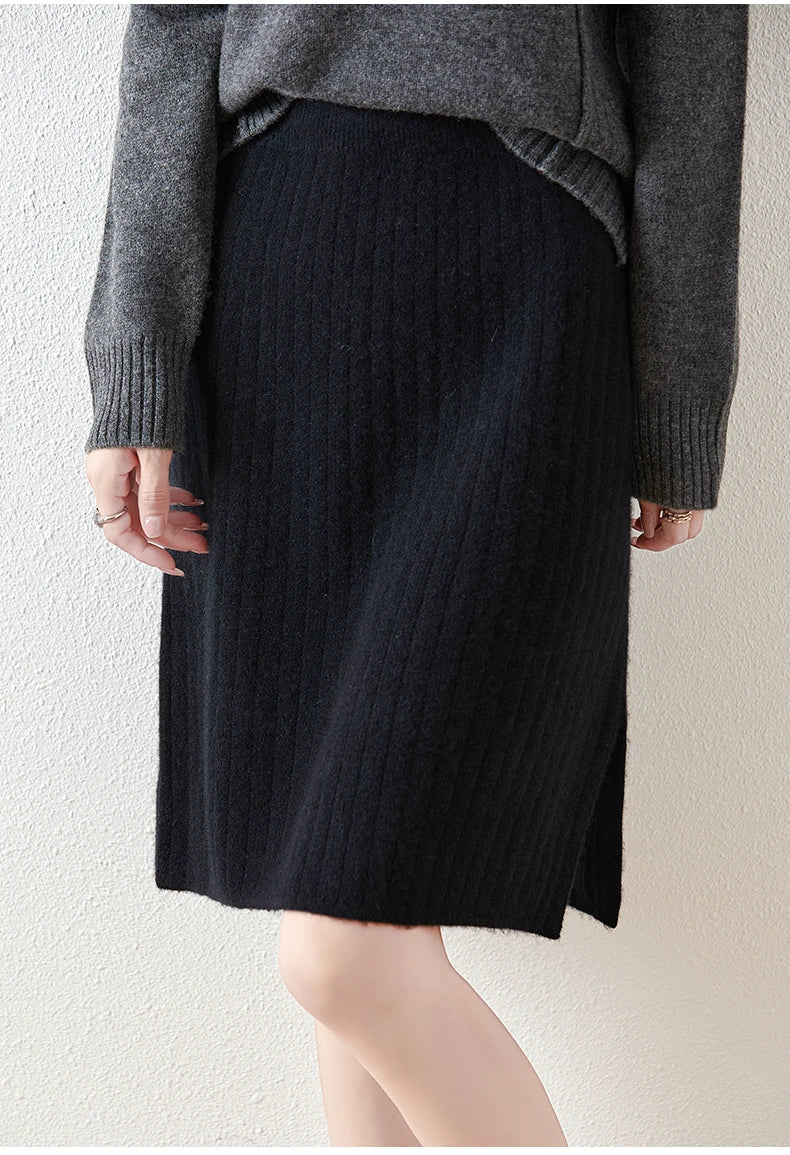 Women’s Merino Wool Ribbed Midi Skirt – Soft Knit Winter Skirt