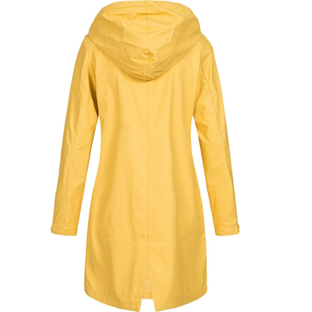 Hooded Raincoat for Women – Lightweight Knee-Length Jacket with Zip and Snap Closure for Spring and Autumn