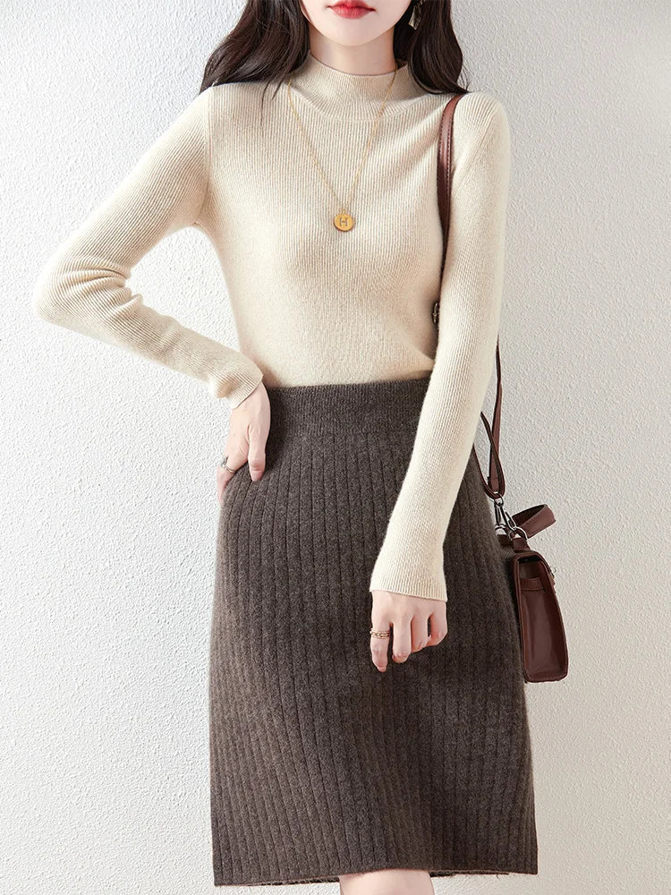 Women’s Merino Wool Ribbed Midi Skirt – Soft Knit Winter Skirt