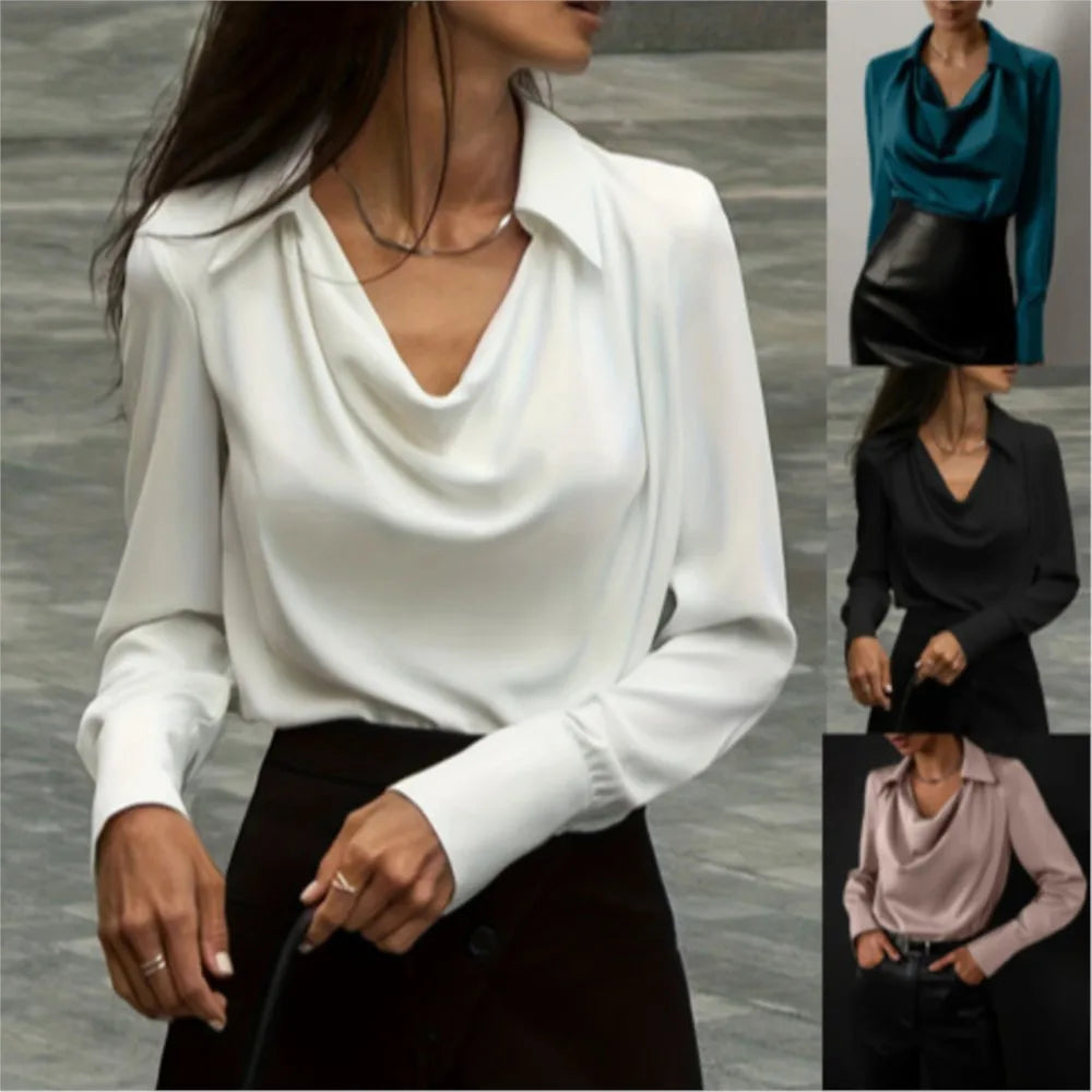 Satin Cowl Neck Blouse – Elegant Draped Long Sleeve Top