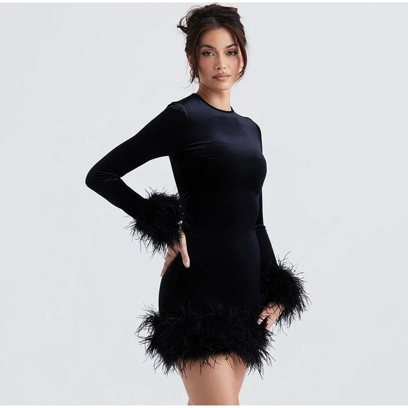 Elegant Sheath Dress with Feather-Trimmed Sleeves