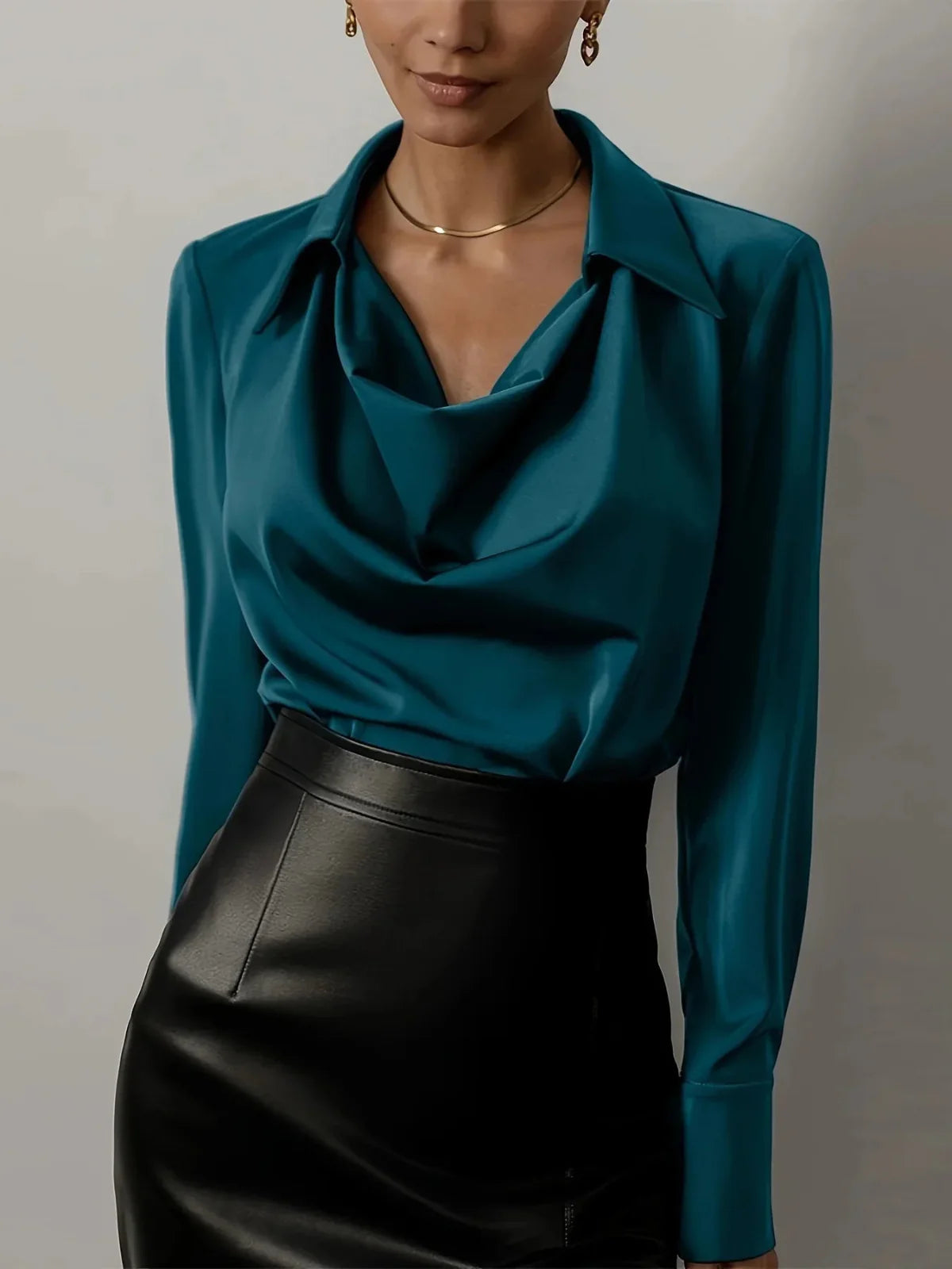 Satin Cowl Neck Blouse – Elegant Draped Long Sleeve Top