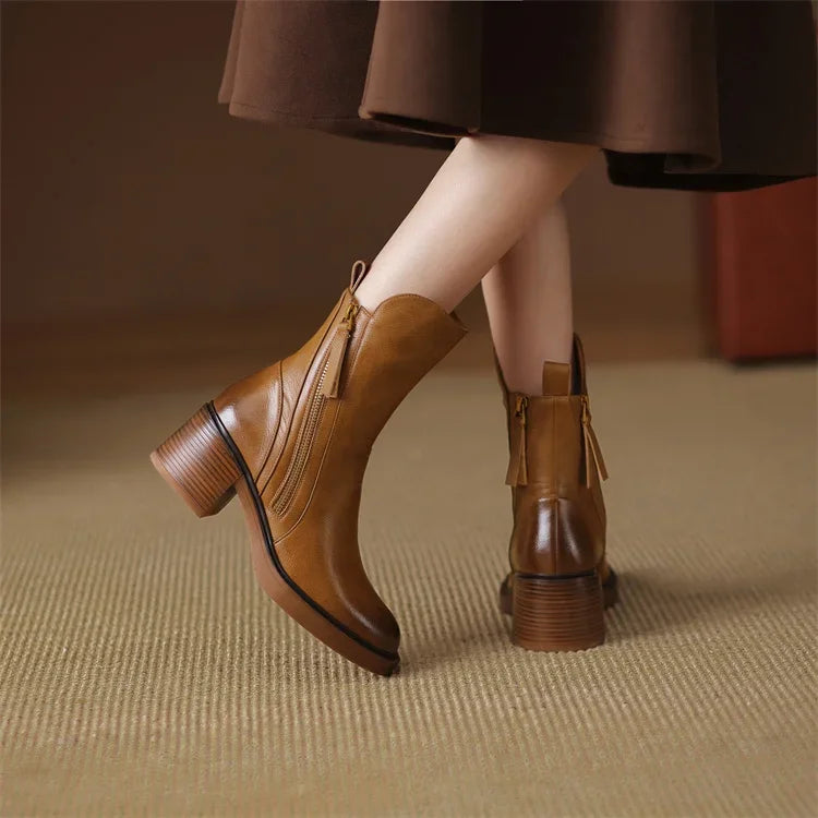 Women’s Vegan Leather Ankle Boots – Double Zip Block Heel Boots with Cushioned Insole