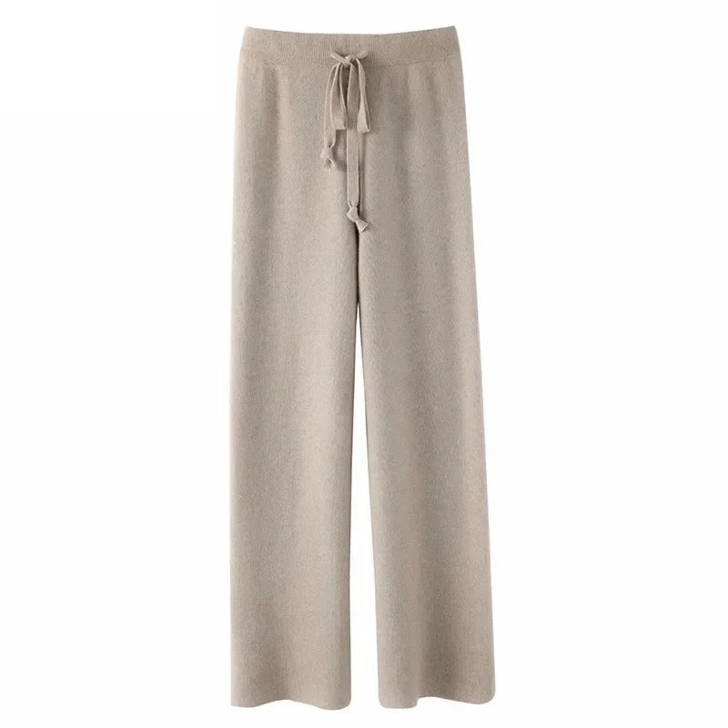 Cashmere-Look Knit Pants – Soft Wide-Leg Lounge Trousers in Taupe