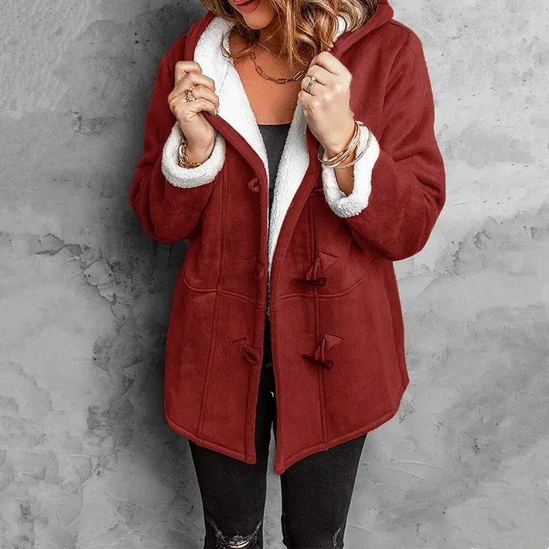 Women’s Hooded Toggle Fleece Coat – Warm Plush Lined Winter Jacket