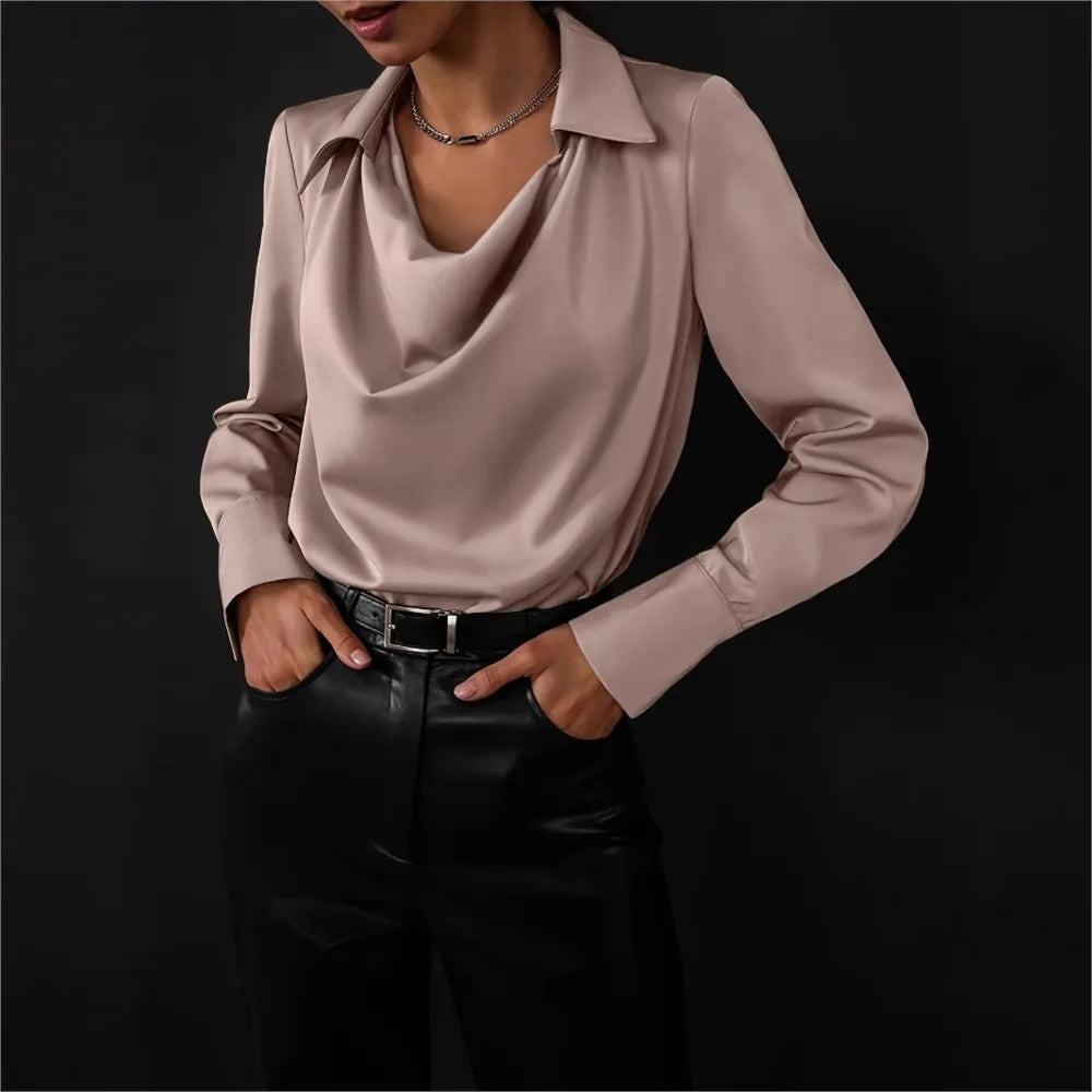 Satin Cowl Neck Blouse – Elegant Draped Long Sleeve Top