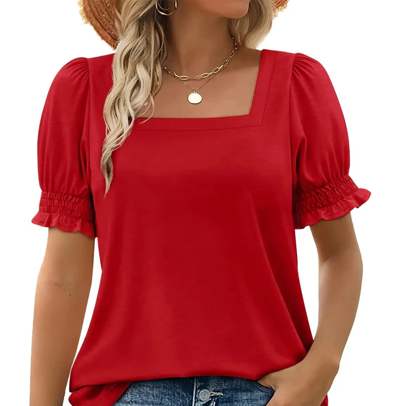 Square Neck T-Shirt for Women – Short Sleeve Top with Smocked Sleeves for Everyday Wear