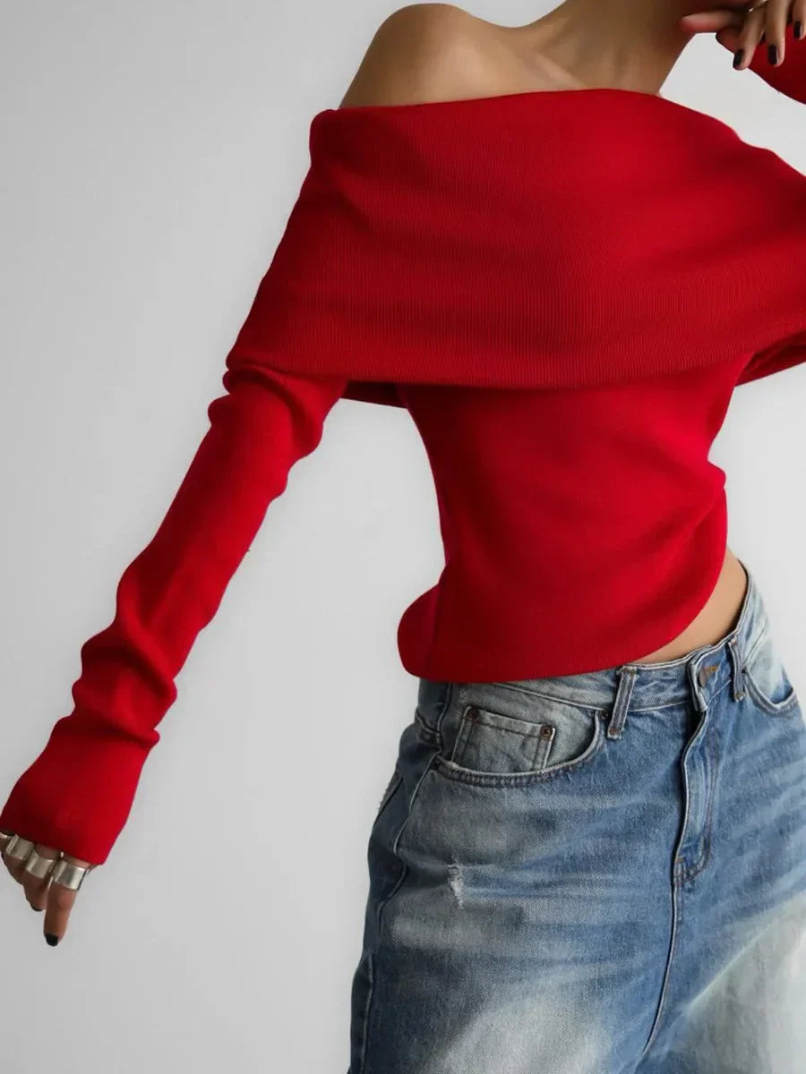 Elegant Off-Shoulder Knit Sweater – Soft, Slim Fit & Effortlessly Chic
