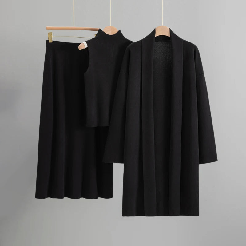 Knit Co-Ord Set for Women – Three-Piece Sleeveless Top, A-Line Skirt and Long Cardigan for Everyday Wear