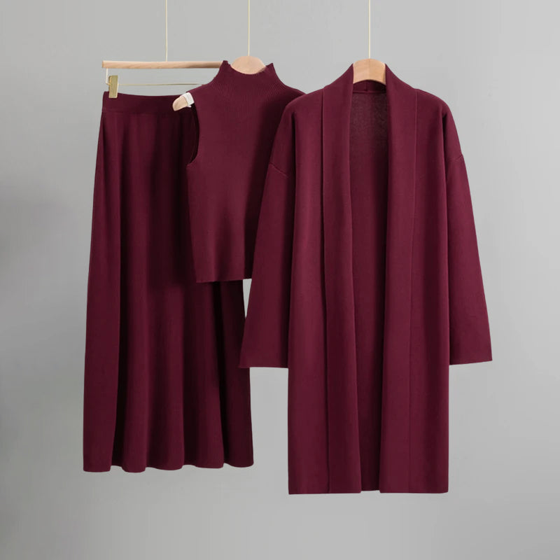 Knit Co-Ord Set for Women – Three-Piece Sleeveless Top, A-Line Skirt and Long Cardigan for Everyday Wear