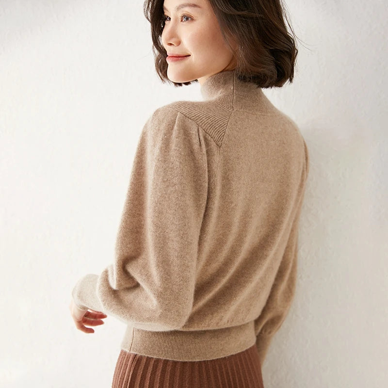 Women’s Merino Wool High-Neck Sweater – Soft Luxury with Puffed Sleeves