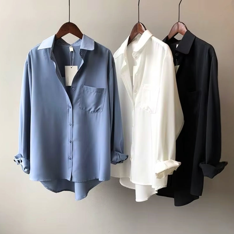 Women’s Charmeuse Satin Blouse – Lightweight Silky Button-Down Shirt