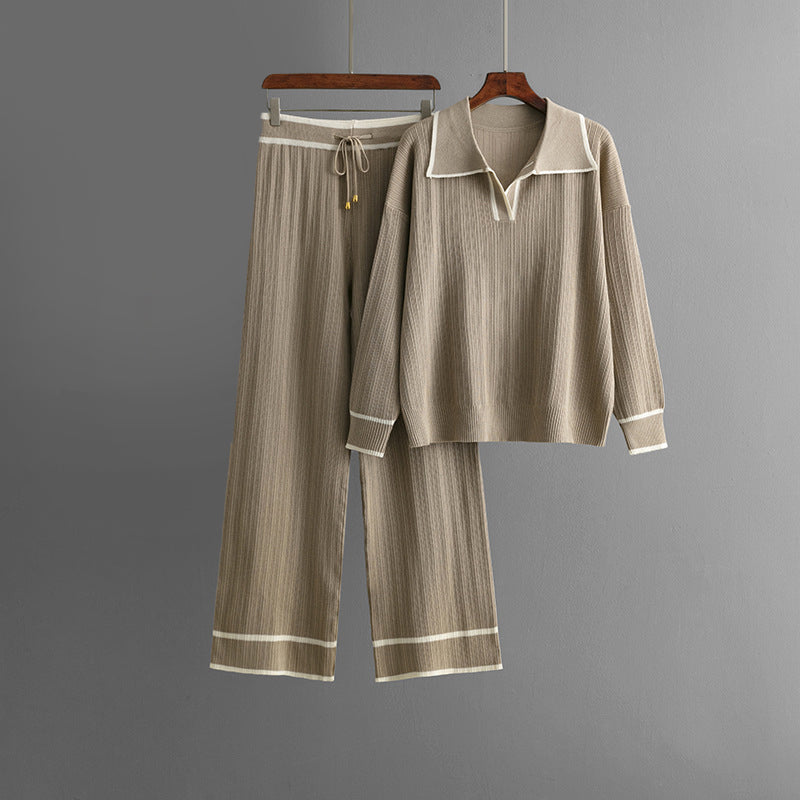 Viscose Knit Co-Ord Set for Women – Lapel Collar Sweater and Wide-Leg Trousers for Comfortable Everyday Wear