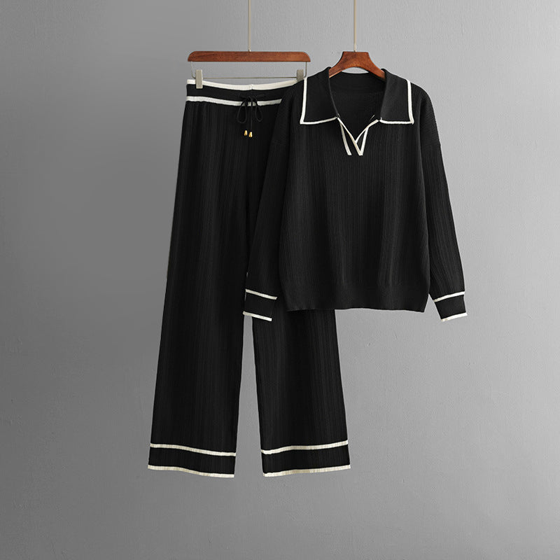 Viscose Knit Co-Ord Set for Women – Lapel Collar Sweater and Wide-Leg Trousers for Comfortable Everyday Wear
