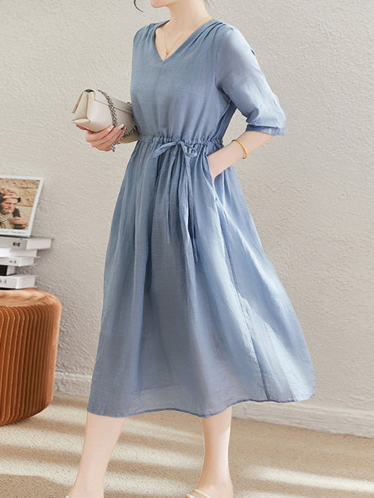 Women’s V Neck Flare Dress – Short Sleeve Drawstring Waist Summer Dress