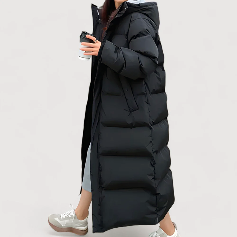 Women’s Extra-Long Puffer Coat – Hooded Quilted Winter Jacket with Full-Length Zip